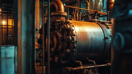 This captivating image showcases a vintage industrial machine within a factory environment, highlighting intricate pipes and detailed engineering features.の素材