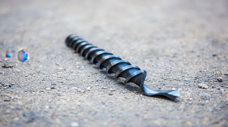 A close-up view of a black steel drill bit resting on a rough ground surface. The coiled design offers insight into craftsmanship and industrial utility, showcasing detail and texture in natural light. Perfect for construction, engineering, or machining themes.の素材