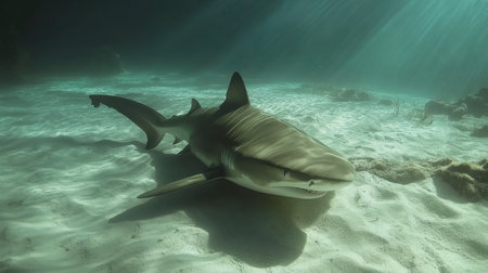 This stunning underwater image captures a majestic shark gliding effortlessly across the ocean floor, bathed in soft sunlight rays. The tranquil marine scene highlights the shark's graceful movements, showcasing the beauty of underwater life and ocean ecosystems.の素材
