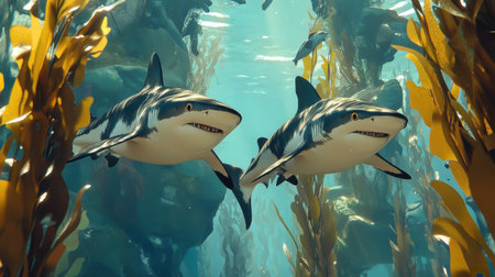 Two sharks glide through a lush underwater kelp forest, embodying the beauty of marine life in clear ocean waters, showcasing vibrant ecosystems.の素材