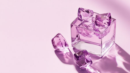 This image features elegant purple ice cubes placed in a clear glass container on a soft pink background. The composition creates a modern aesthetic, perfect for creative designs.の素材