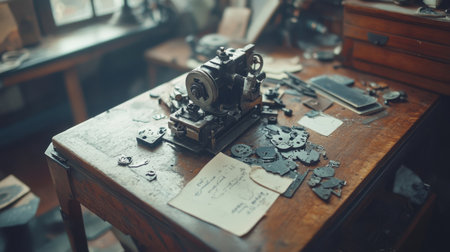 This captivating image showcases an antique mechanical device amidst scattered gears and tools on a vintage wooden table, highlighting the beauty of craftsmanship.の素材