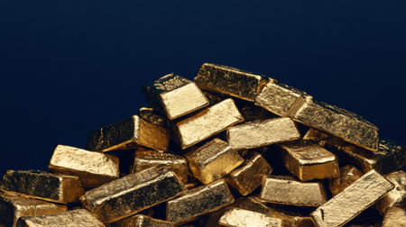 A stunning close-up of gleaming gold bars stacked together against a dark blue background, representing wealth and luxury in finance and investment.の素材