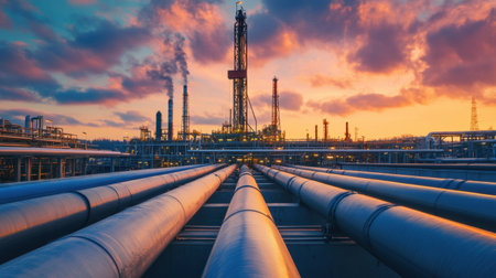 A panoramic view of an industrial oil rig during sunset with large pipes in the foreground. The vibrant sky showcases a blend of colors, creating an atmospheric scene in an oil production area.の素材