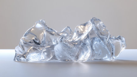 This image showcases a stunning clear ice sculpture lying on a smooth surface, capturing light and reflections in a minimalist setting. The intricate details and textures evoke a sense of elegance and artistry, making it a perfect representation of natural beauty and creativity.の素材