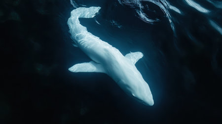 A stunning view of a white shark gliding smoothly through deep ocean waters, illustrating the incredible beauty and diversity of marine life.の素材