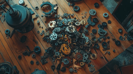 An overhead view of assorted mechanical parts and tools displayed neatly on a wooden table, perfect for showcasing industrial design, repair, and creativity.の素材