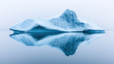 A breathtaking view of a solitary iceberg resting on still waters, showcasing its beautiful reflection. The soft light creates a serene atmosphere, perfect for nature lovers and photographers.の素材