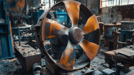 A close-up view of a rusty industrial fan sitting in an abandoned warehouse, showcasing the intricate textures and colors of decay in forgotten machinery.の素材