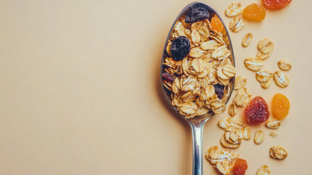 A large spoon filled with fresh oats and a variety of dried fruits sits against a smooth neutral background, showcasing a vibrant and nutritious breakfast option.の素材