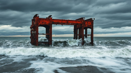 This powerful image captures an abandoned rusty structure rising from turbulent ocean waves under a moody sky at dusk, showcasing natureの素材