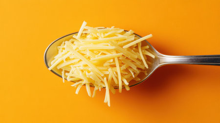 This vibrant image showcases shredded cheese on a silver spoon against a striking orange background, perfect for food-related projects and culinary themes.の素材