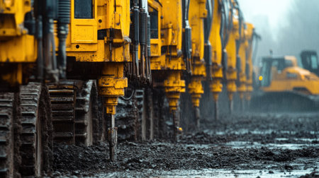 A series of yellow excavators in a construction site create a striking visual. The machinery stands ready to tackle tough terrain, highlighting industrial progress.の素材
