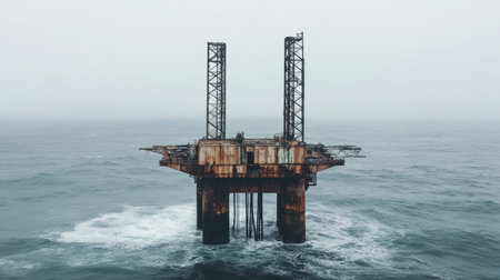A rusty offshore oil platform rises from the ocean amidst fog and gentle waves, illustrating the industrial landscape and isolation of marine energy exploration.の素材