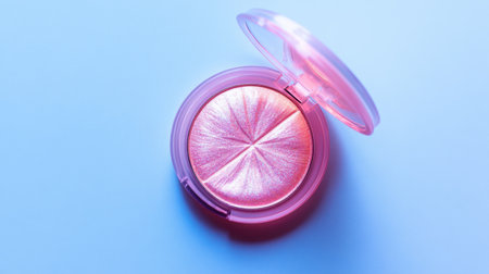 This image showcases a shimmering blush compact featuring a reflective pink powder against a soft blue backdrop. Perfect for cosmetic enthusiasts.の素材