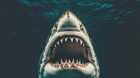 A stunning underwater depiction of a shark with its mouth wide open, showcasing its razor-sharp teeth. The image captures the beauty and power of this magnificent marine predator, highlighting the dynamic and elusive nature of sea life.の素材