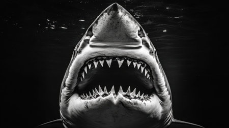 This striking black and white image captures the fierce expression of a great white shark, showcasing its jagged teeth and intense gaze beneath the surface.の素材
