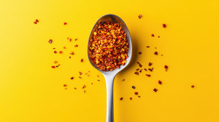 A closeup image of red chili flakes resting in a metal spoon, set against a bold yellow background, showcasing vibrant colors and textures of spices.の素材