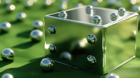 This image showcases a reflective metal cube positioned amidst shiny spheres on a textured green background, highlighting modern geometric design.の素材
