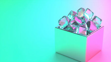 This captivating image showcases a reflective box filled with shimmering transparent gems against a soft color gradient background, creating an elegant and modern visual.の素材