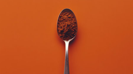 A close-up image featuring a spoon filled with rich cocoa powder set against a bright orange background, perfect for culinary, recipe, and baking themes.の素材