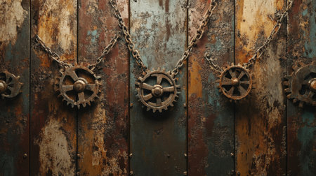 This image features a collection of rusty gears and chains suspended against a beautifully weathered wooden background, creating a striking industrial aesthetic.の素材