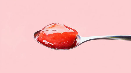 A close-up image of glossy strawberry jam on a silver spoon, set against a soft pink background. Ideal for culinary and food-related themes.の素材