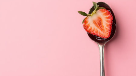 A vibrant and fresh strawberry sits atop a spoon filled with rich berry jam against a soft pink backdrop, perfect for food-related themes.の素材