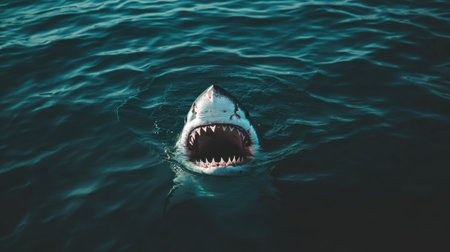 A striking image of a great white shark breaching the water's surface, showcasing its impressive jaws and teeth while surrounded by calm ocean waters.の素材