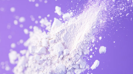 This image features a delicate pile of fine white powder against a vibrant purple background, emphasizing texture and movement for creative use.の素材