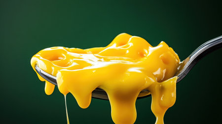 A mouthwatering close-up of creamy yellow cheese sauce dripping off a silver spoon against a vibrant green background, perfect for food-related themes.の素材