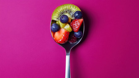 This vibrant image captures an assortment of fresh fruits, including strawberries, blueberries, and kiwi, creatively arranged in a silver spoon against a striking purple background, highlighting the beauty of healthy eating.の素材