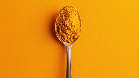 A close-up view of turmeric powder arranged in a silver spoon against a bright yellow background, highlighting its vibrant color and health benefits.の素材