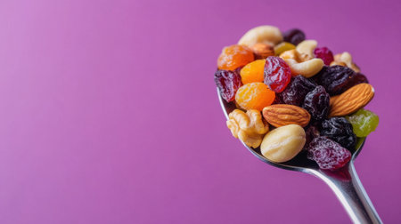 A vibrant spoon filled with a colorful assortment of mixed nuts and dried fruits rests against a rich purple background, highlighting a healthy snack option.の素材