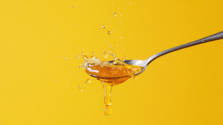 This captivating image features a spoon dripping fresh honey with a vibrant splash against a bright yellow background, perfect for culinary artistry.の素材