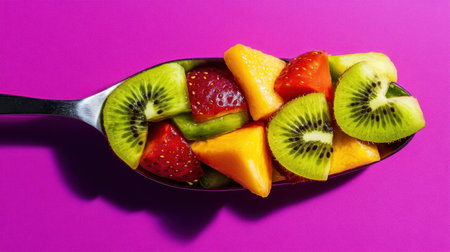 A stunning and vibrant arrangement of fresh fruit pieces in a metallic spoon against a bright pink background, perfect for promoting healthy eating.の素材