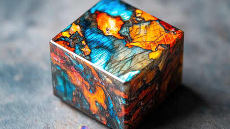 This captivating image features a beautifully crafted mineral cube showcasing a stunning array of colors and intricate patterns. The vibrant hues create a striking visual impact, highlighting the natural beauty of the stone. Ideal for artistic and geological contexts.の素材