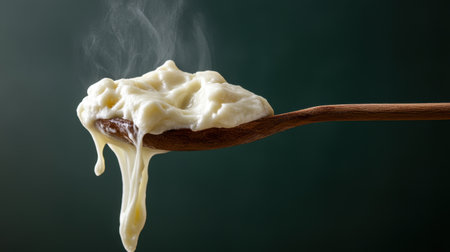 A close-up view of creamy white sauce dripping from a wooden spoon, creating a warm and inviting atmosphere perfect for food lovers and culinary enthusiasts.の素材