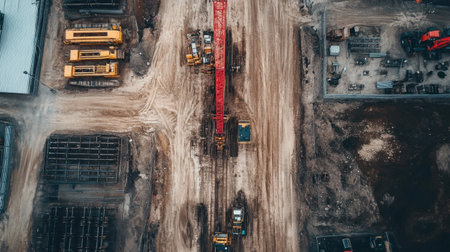 This aerial image showcases a bustling construction site filled with heavy machinery and cranes on the dirt ground, illustrating industrial activity and progress.の素材