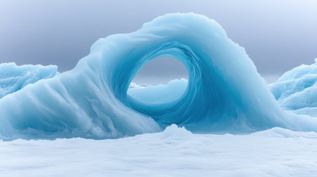A stunning ice formation creates a natural circular arch against a backdrop of soft blue hues and white snow, embodying the tranquility of winter environments.の素材