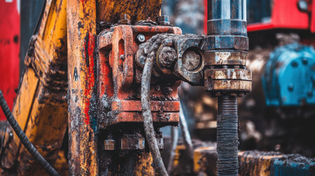 This image showcases a detailed close-up of industrial hydraulic equipment featuring rusty metal parts, providing insight into the ruggedness of heavy machinery.の素材