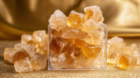 A stunning close-up of golden sugar crystals showcased in a transparent container against a shimmering golden backdrop. Ideal for culinary or aesthetic use.の素材