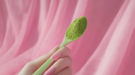A close-up image of a hand holding a green toothbrush with soft bristles against a soft pink background, symbolizing modern oral care and personal hygiene routines.の素材