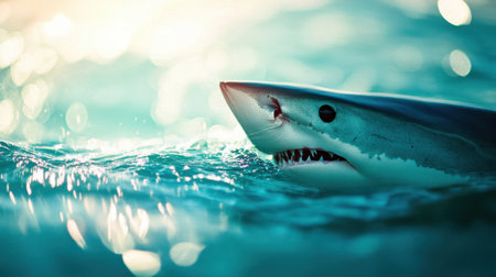 A stunning close-up of a shark breaking the surface of shimmering turquoise waters, capturing the essence of marine beauty and predatory grace.の素材