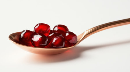 A close-up view of glossy red gelatinous candies displayed on a copper spoon, showcasing their rich color and glossy texture against a smooth white background.の素材