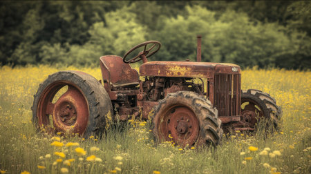A beautifully weathered vintage tractor sits in a vibrant meadow filled with wildflowers, capturing the essence of rustic agricultural charm and nature's tranquility.の素材