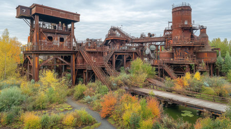 This striking image features an abandoned industrial complex enveloped by colorful autumn foliage, showcasing rusted metals and overgrown plants, creating a serene atmosphere.の素材