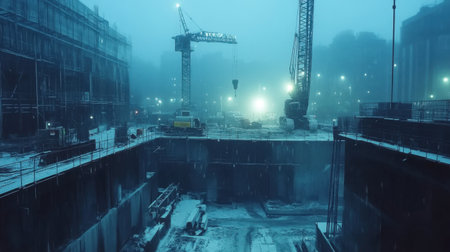 This image captures a construction site enveloped in fog and snow, showcasing cranes, machinery, and the atmosphere of urban development during winter.の素材