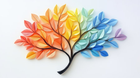 This stunning paper cutout artwork features a tree with colorful leaves arranged in a gradient from vibrant orange to serene blue, creating a striking visual contrast.の素材
