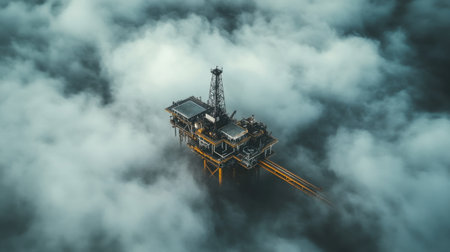 This stunning aerial photograph captures an offshore oil platform surrounded by enigmatic clouds at dawn, showcasing a blend of technology and nature.の素材